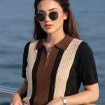 Women Colorblock Zip Neck Cotton Blend Brown, Black T-Shirt