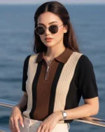 Women Colorblock Zip Neck Cotton Blend Brown, Black T-Shirt