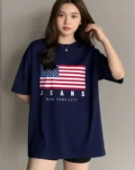 Women Printed Round Neck Cotton Blend Blue T-Shirt - Image 5
