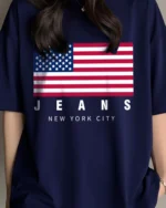 Women Printed Round Neck Cotton Blend Blue T-Shirt - Image 4