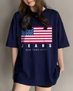 Women Printed Round Neck Cotton Blend Blue T-Shirt