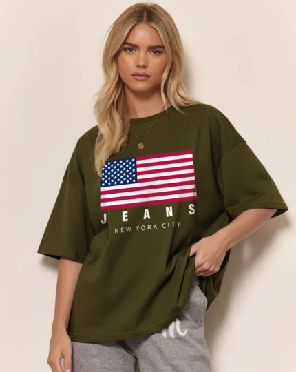 Women Graphic Print Round Neck Cotton Blend Green T-Shirt