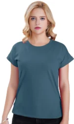 Green Chili Women Solid Round Neck Pure Cotton Blue T-Shirt - Image 2