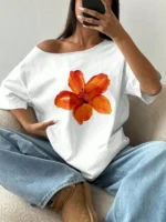 Women Printed Boat Neck Cotton Blend White T-Shirt - Image 3