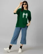 Women Printed Round Neck Cotton Blend Green T-Shirt - Image 6