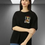 Women Printed Round Neck Cotton Blend Black T-Shirt