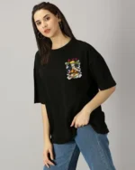 Women Printed Round Neck Cotton Blend Black T-Shirt - Image 3