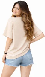 Women Printed Round Neck Cotton Blend Beige T-Shirt - Image 2