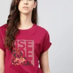 Women Printed Round Neck Pure Cotton Maroon T-Shirt