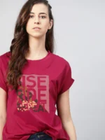 Women Printed Round Neck Pure Cotton Maroon T-Shirt