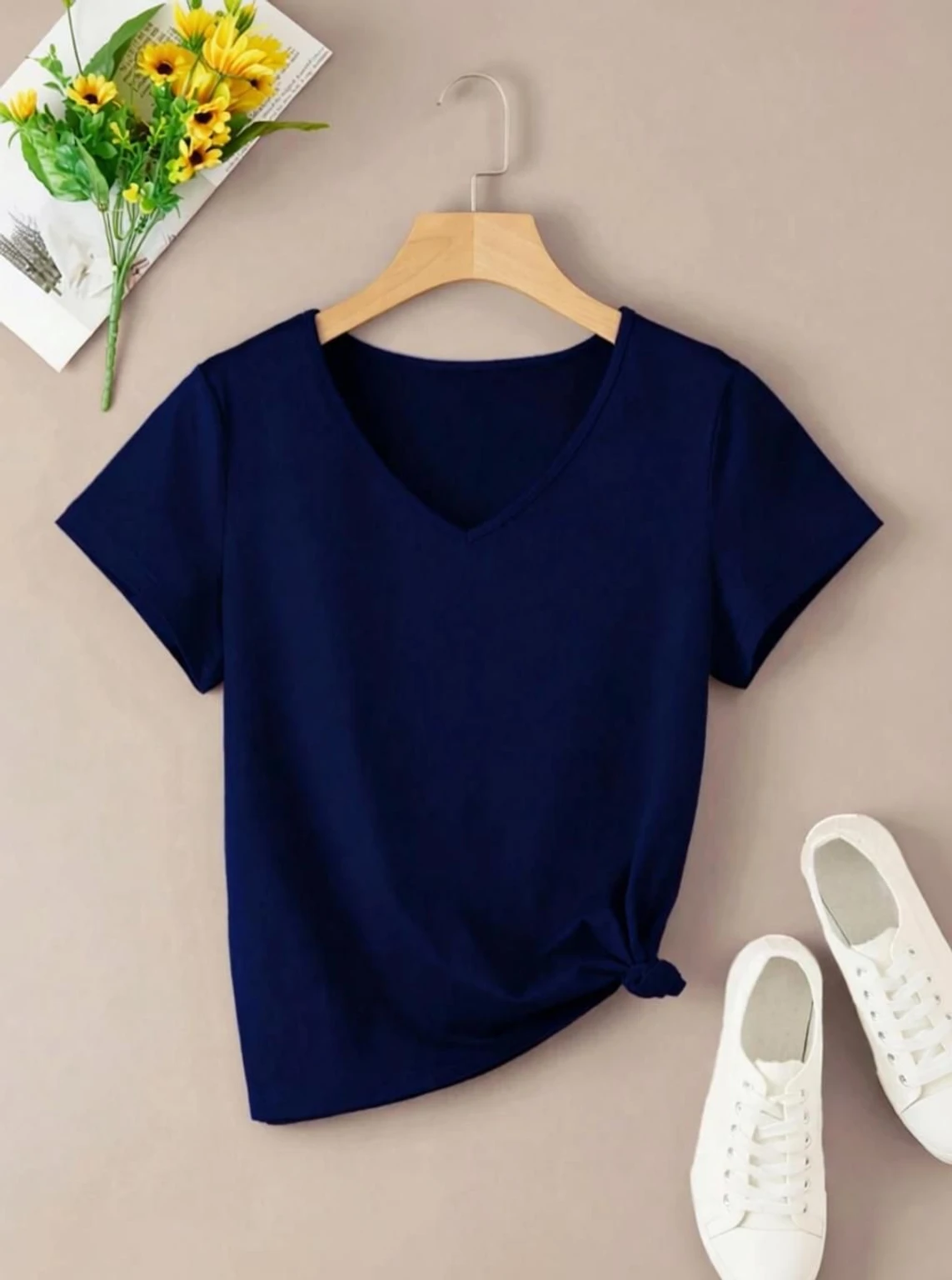 original-imahkyg7naea3uca.webp Women Solid V Neck Cotton Blend Navy Blue T-Shirt - Image 1