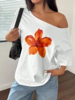 Women Printed Boat Neck Cotton Blend White T-Shirt