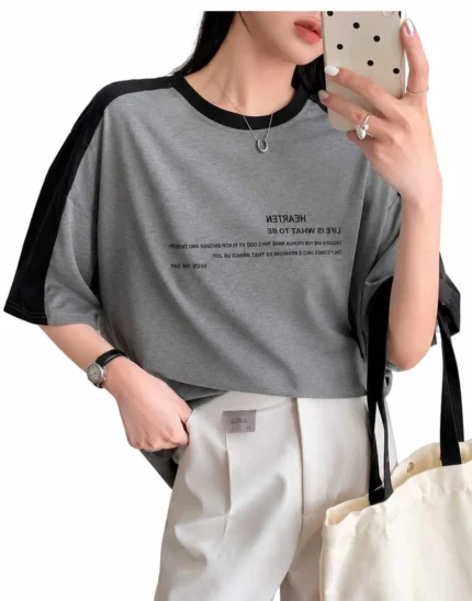 Women Typography, Solid Round Neck Cotton Blend Grey, Black T-Shirt