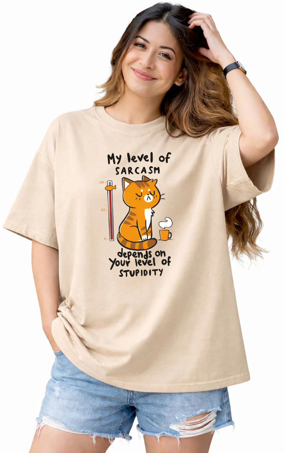 s-w-tshirt-stupdity2-wellvery-original-imahkc54xknjqddb.webp Women Printed Round Neck Cotton Blend Beige T-Shirt - Image 1