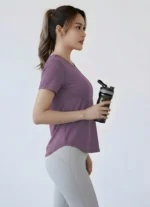 Women Solid Round Neck Polyester Purple T-Shirt - Image 3