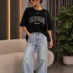 Women Round Neck Cotton Blend Black T-Shirt