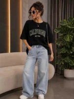 Women Round Neck Cotton Blend Black T-Shirt