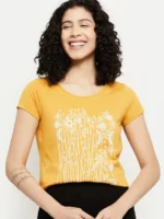Women Printed Round Neck Pure Cotton Gold T-Shirt - Image 3