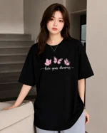 Women Printed Round Neck Pure Cotton Black T-Shirt - Image 2