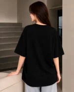 Women Printed Round Neck Pure Cotton Black T-Shirt - Image 3