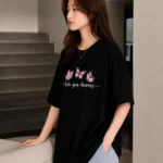Women Printed Round Neck Pure Cotton Black T-Shirt