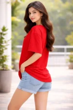 Women Printed Round Neck Cotton Blend Red T-Shirt - Image 3