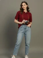 Women Polo Neck Cotton Blend Maroon T-Shirt - Image 4