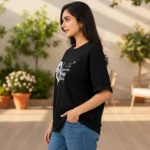 Women Printed Round Neck Pure Cotton Black T-Shirt - Image 3