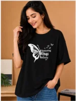 Women Printed Round Neck Pure Cotton Black T-Shirt