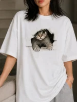 Women Printed Round Neck Cotton Blend White T-Shirt - Image 4