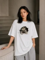 Women Printed Round Neck Cotton Blend White T-Shirt