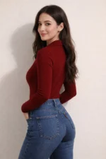 Women Solid Polo Neck Cotton Blend Maroon T-Shirt - Image 2
