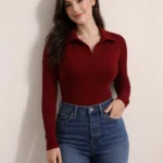 Women Solid Polo Neck Cotton Blend Maroon T-Shirt