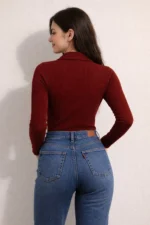 Women Solid Polo Neck Cotton Blend Maroon T-Shirt - Image 4