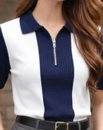 Women Colorblock Zip Neck Cotton Blend Blue, White T-Shirt - Image 4