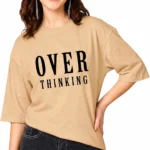 Women Typography, Solid, Printed Round Neck Cotton Blend Beige T-Shirt
