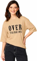 Women Typography, Solid, Printed Round Neck Cotton Blend Beige T-Shirt