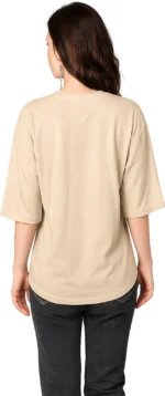 Women Typography, Solid, Printed Round Neck Cotton Blend Beige T-Shirt - Image 3