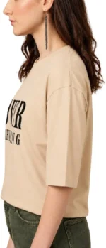 Women Typography, Solid, Printed Round Neck Cotton Blend Beige T-Shirt - Image 2