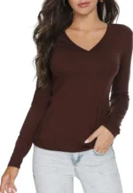 Women Solid V Neck Cotton Blend Brown T-Shirt - Image 4