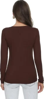 Women Solid V Neck Cotton Blend Brown T-Shirt - Image 2