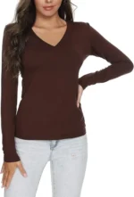 Women Solid V Neck Cotton Blend Brown T-Shirt - Image 3