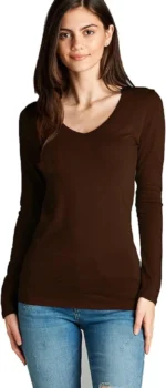 Women Solid V Neck Cotton Blend Brown T-Shirt - Image 5