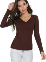 Women Solid V Neck Cotton Blend Brown T-Shirt